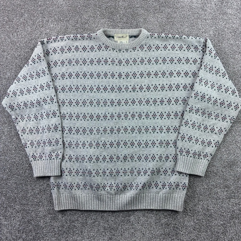 Vintage Eddie Bauer Sweater Mens XL Gray Geometric Dots Knit Crewneck Cotton